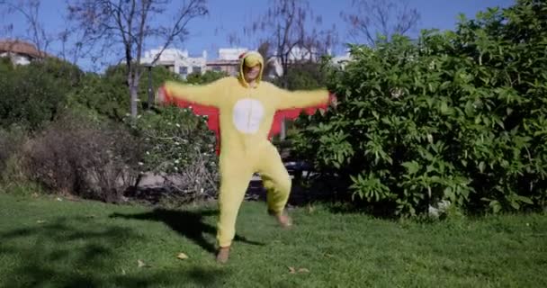 A girl dressed as a chicken. A hilarious video of a woman in a chicken costume. Chicken with egg. The girl and the chicken egg. — Stock Video
