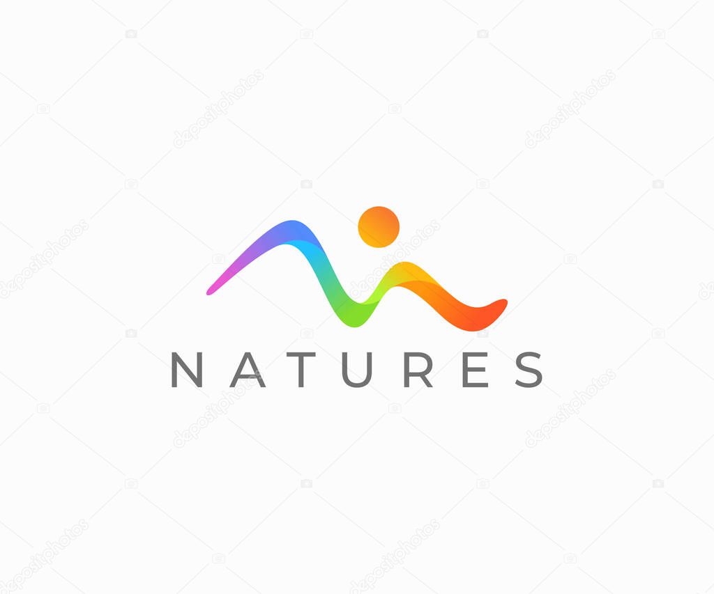 Colorful landscape logo design. Vibrant mountain line with sun vector design. Many-coloured nature logotype