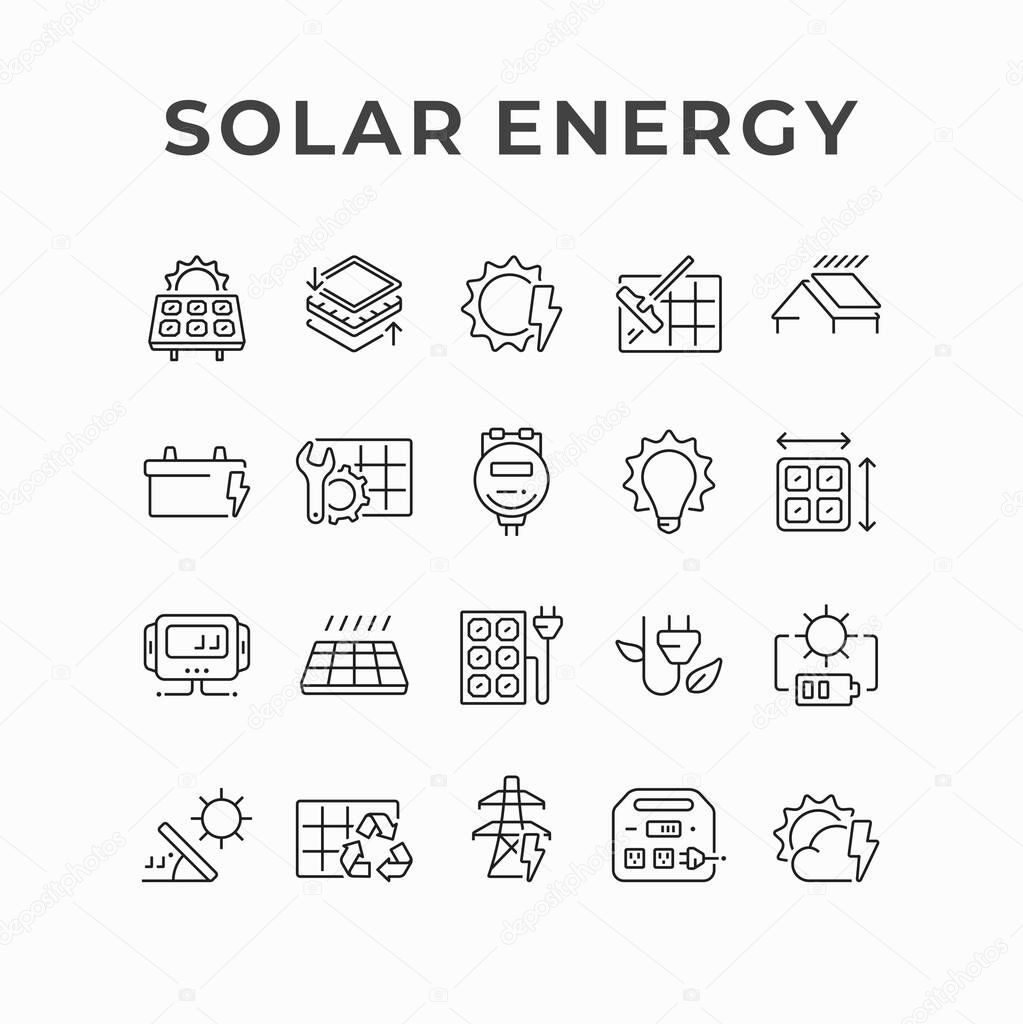 Photovoltaics solar panel generating electricity icon design. Solar power station, alternative energy line vector icons. Green renewable energy and sustainability development