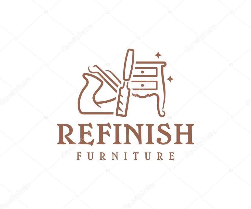 Furniture restoration logo design. Wood joinery furniture with carpenter tools (chisel and plane) vector design. Carpenter restoring a vintage cabinet logotype