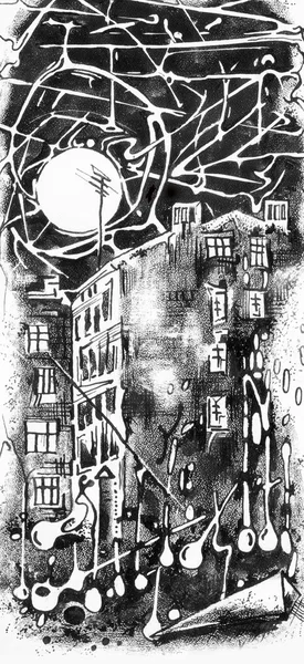 Disegnato con inchiostro con la luna e le case di città di notte — Foto Stock