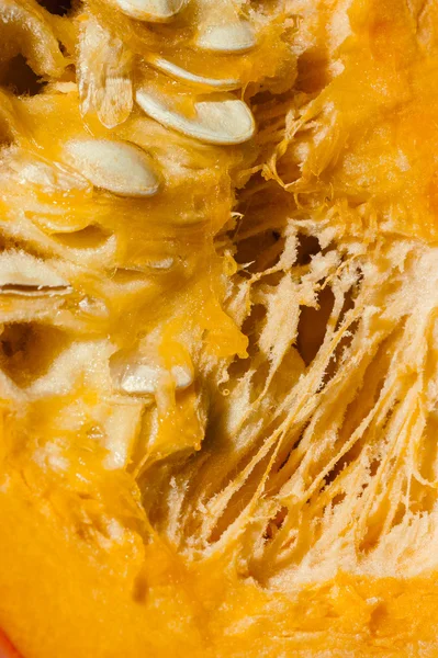 Focus on pulp and seeds of orange pumpkin. Macro view — Stock Photo, Image