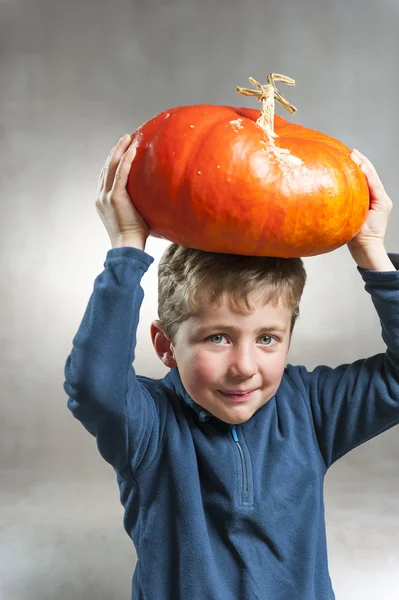 Little boy holding up on his head a big pumpkin — Stock Photo, Image