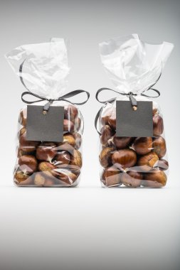 Gifts of fresh chestnuts with blank label and copy space