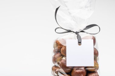 Luxury bag of chestnuts with blank label and copy space