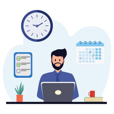 Dizüstü bilgisayarlı bir adam çalışma saatini ve listeyi gösterir.