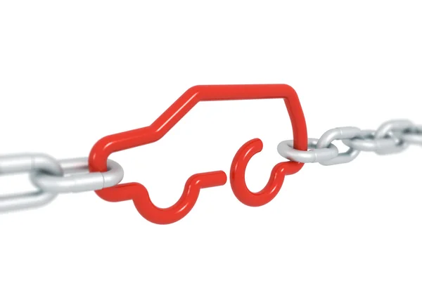 Красный символ автомобиля, заблокированный металлическими цепями — стоковое фото