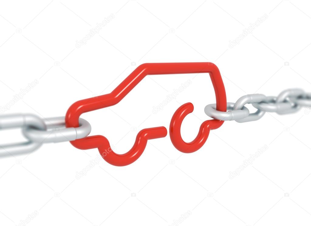 Red car symbol blocked with metal chains 