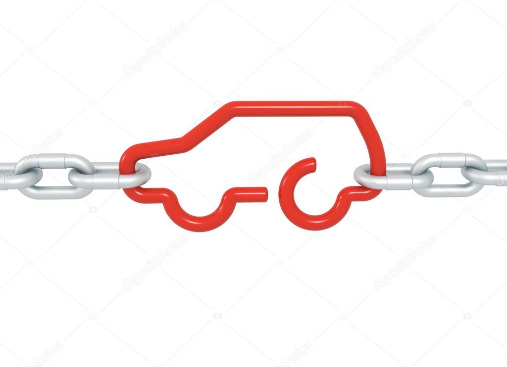 Red car symbol blocked with metal chains isolated