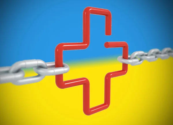 Red link cross symbol locked with metal chains — Stock Photo, Image