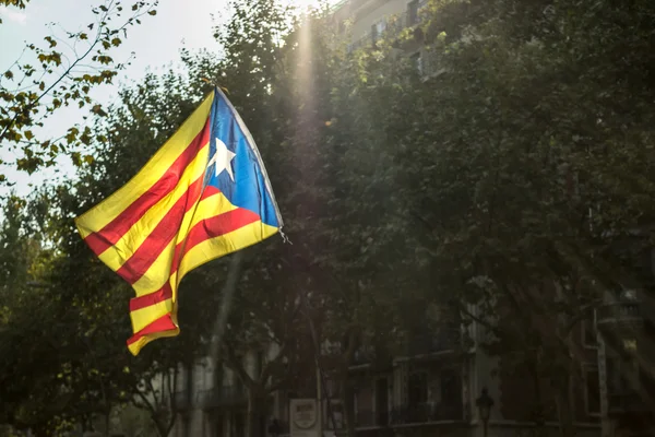 Flag of Catalonia on the Barcelona buildings background — Stock Photo, Image