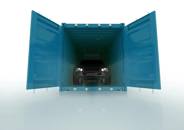 Render illustration of a car inside of a blue container isolated — Stock Photo, Image