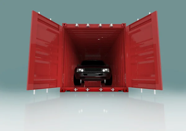Render illustration of a car inside of a red container isolated — Stock Photo, Image