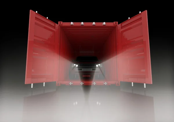 Render illustration of a car inside of a dark container — Stock Photo, Image