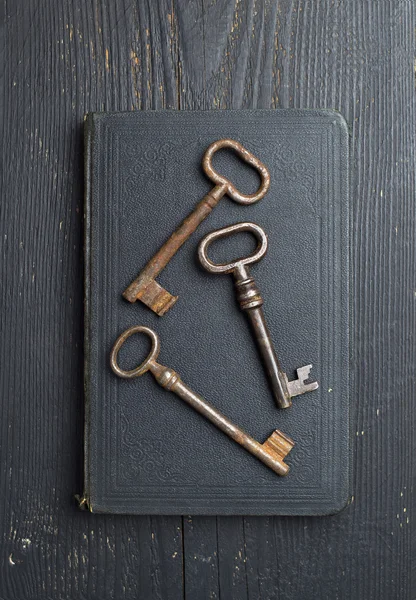 Vintage sleutels over zwart leer boek — Stockfoto