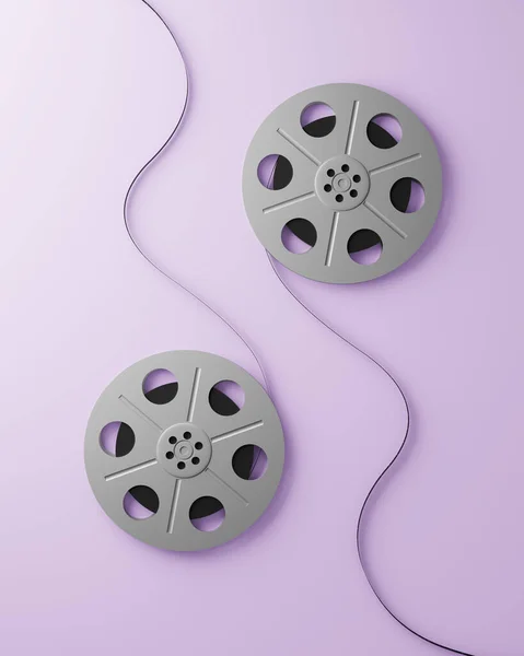 Two film rolls over purple background, top view- 3D Rendering