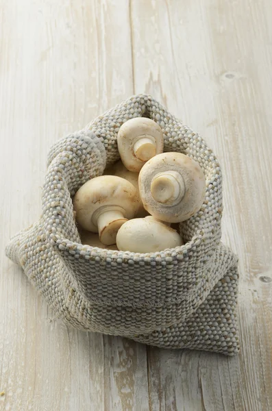 Champignon mushrooms in canvas bag — Stock Photo, Image