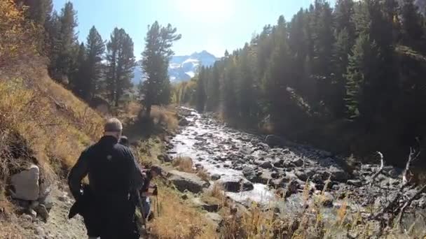 Gli Escursionisti Altai Attraversano Parco Video Stock