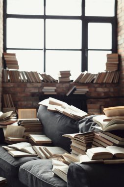 Kütüphane. Kapalı alanda kitap yığını