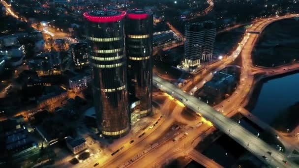 Aerial View City Buildings Traffic Night Time Lapse — Stock Video