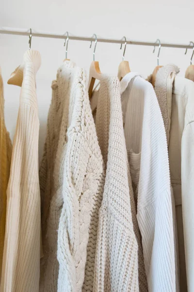 Closeup Warm Clothes Light Colors Beige White Winter Hanging Clean — Stock Photo, Image