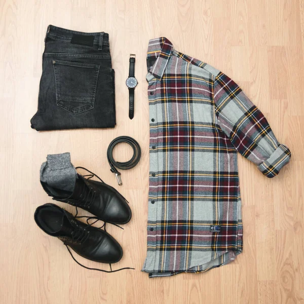 Roupas Menino Preparado Para Vestir Inverno Outono Com Botas Camisa — Fotografia de Stock