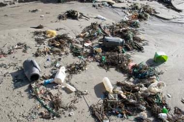 Plastik kirliliği olan plaj. Plastik atık plajda. Küresel ısınma kavramı