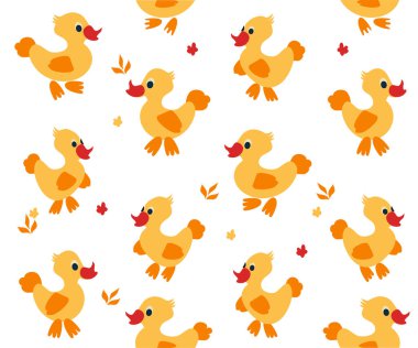 Şirin ördekler, çizgi filmlerdeki gibi kusursuz desenler. Küçük ördek yavrusuyla komik anne ördek. Vektör illüstrasyonu.