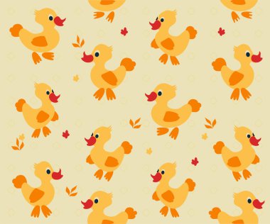 Çizgi karakterler kusursuz desen. Küçük ördek yavrusuyla komik anne ördek. Sarı arkaplanda vektör illüstrasyonu.