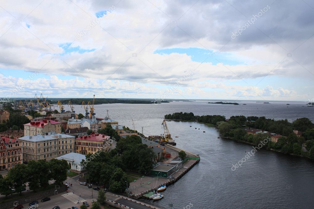 View from an observation deck of Vyborg Castle on the harbor.