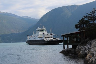 Bir feribot fiyort yüzüyor.