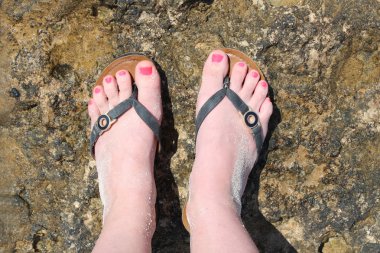 Flip flop, üstten görünüm giyen genç kadının güzel ayaklar.