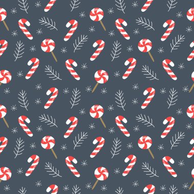  Elle çizilmiş karamel kamışı, köknar dalları ve koyu mavi arka planda kar taneleri ile noel temalı vektörsüz desen