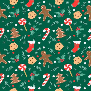  Elle çizilmiş zencefilli kurabiyeler, kar taneleri, ladin dalları, tatlılar, çoraplar, koyu yeşil bir arka planda kutsal yapraklar.