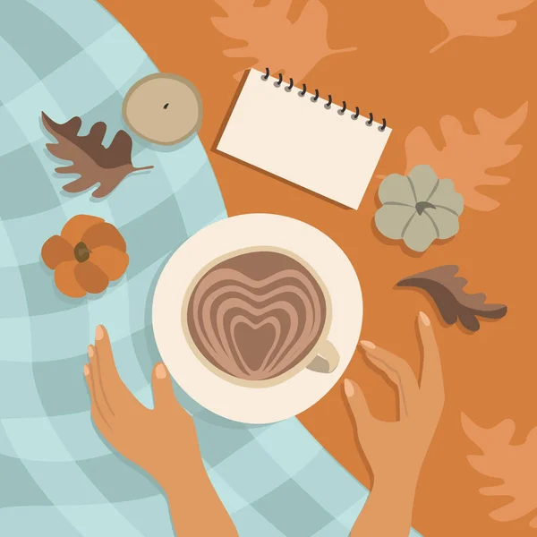 Vektor Handgezeichnete Illustration Herbst Stillleben Flache Lage Mit Kaffee Weiblichen — Stockvektor