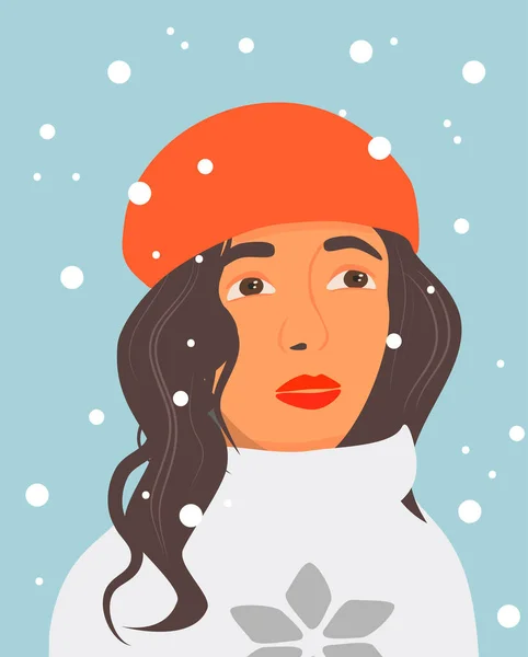 赤い帽子のブルネットの女の子と雪の背景の冬のセーターのベクトルイラスト — ストックベクタ