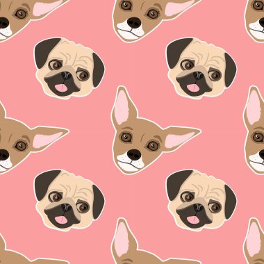  Pembe arka planda sevimli köpeklerin el çizimi ağızlıkları, köpekleri ve chukhahua 'ları olan kusursuz vektör deseni.