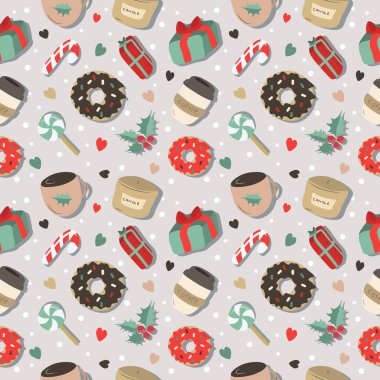  El yapımı kahve, çörek, hediye kutuları, lolipoplar, karamel kamışları, kutsal yapraklar ve gri arka planda kar taneleriyle Noel temalı şirin vektörsüz desen.