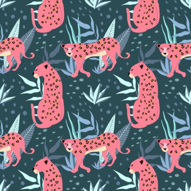  Pembe leopar ve tropikal yapraklı vektörsüz desen. Moda pembe leopar hayvan desenli tasarım. Web afişi, tekstil, ambalaj kağıdı için el yapımı vektör dokusu. Modern vahşi hayvan baskısı