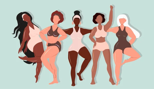  vector hand drawn illustration. three  body-positive women of different races show bodies in swimsuits. flat trending illustration for websites, applications