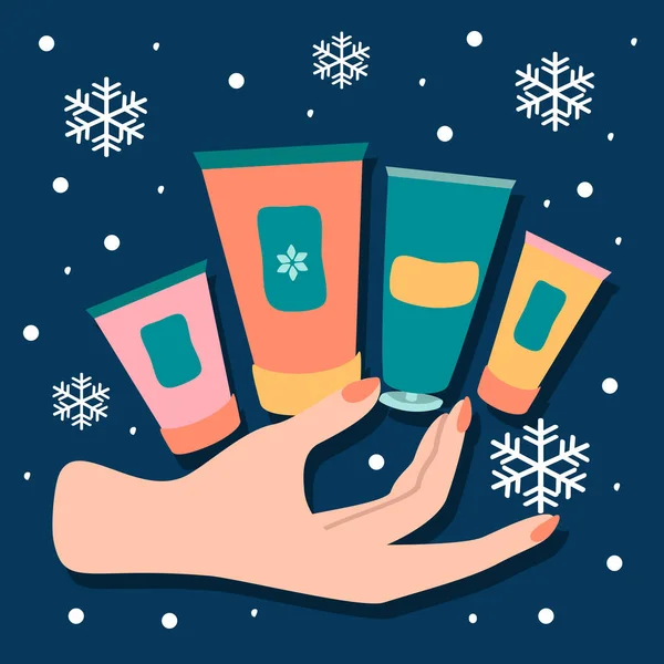 ベクトルハンドイラスト ウィメンズハンドと冬のスキンケアのための化粧品 クリーム バーム ウェブサイト アプリケーション 雑誌のためのフラットイラスト — ストックベクタ