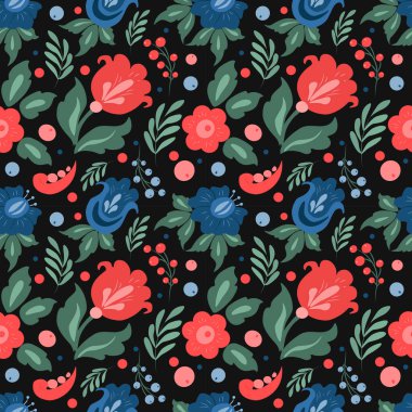  Farklı çiçekleri, yaprakları ve siyah arkaplanda böğürtlenleri olan vektörsüz desen. Kumaş, giysi, ambalaj kağıdı baskısı için desen. Web siteleri ve uygulamalar için arkaplan