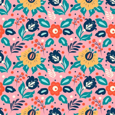  Pembe arka planda farklı çiçekler, yapraklar, böğürtlenler çizilmiş. Kumaş, giysi, ambalaj kağıdı baskısı için desen. Web siteleri ve uygulamalar için arkaplan