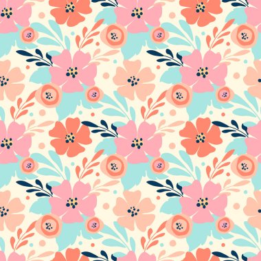  Kumaş, giysi, ambalaj kağıdı, duvar kağıdı üzerindeki baskılar için pastel renklerde el çizimi çiçekli süslemeleri olan hoş, pürüzsüz desenli bir desen. Kadınlar günü için, sevgililer günü için, düğün için