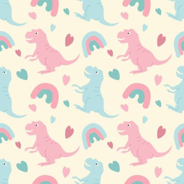  Dinozorlar (tyrannosauruslar) ve gökkuşağı renginde sevimli, çocuksu, pürüzsüz bir şekil. Kumaş, giysi, duvar kağıdı, ambalaj kağıdı, çocuk odası için baskı kalıbı