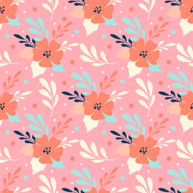  Pembe arka planda pastel renklerle çizilmiş el yapımı çiçek süslemeleri olan hoş, pürüzsüz bir desen. Kumaş, giysi, ambalaj kağıdı, duvar kağıdı için. Kadınlar günü için, sevgililer günü için, düğün için
