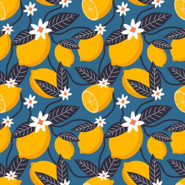  Mavi arka planda el çizimi limonları tekrarlayan vektörsüz desen. Kumaş, giysi, ambalaj kağıdı üzerine baskı yapmak için parlak düz bir çizim. Web siteleri ve uygulamalar için arkaplan