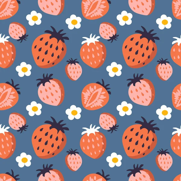 Vector Seamless Pattern Hand Drawn Repeating Strawberries Blue Background Bright — Stock Vector