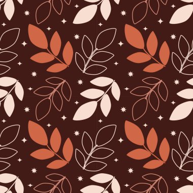  Elle çizilmiş yıldızlar ve bitkilerle boho tarzında vektörsüz desen. Kumaşa baskı, ambalaj kağıdı için desen. Web ve uygulamalar için arkaplan