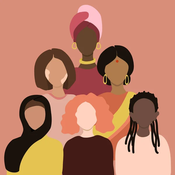 Vector Dibujado Mano Ilustración Sobre Tema Igualdad Feminismo Seis Mujeres — Archivo Imágenes Vectoriales